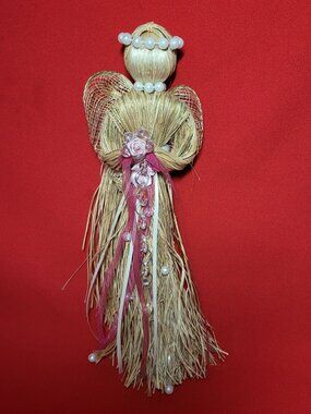 Natural Raffia Straw Angel Doll Handmade Praying Angel 12" H